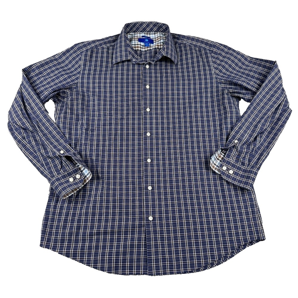 Egara Men's Dress Shirt XLT Blue Brown Plaid Iron Slim Fit Stretch